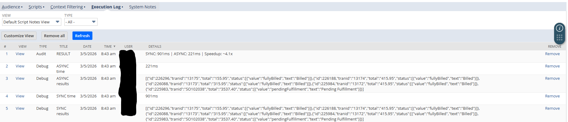 NetSuite Execution Log showing SYNC: 901ms vs ASYNC: 221ms, a 4.1x speedup